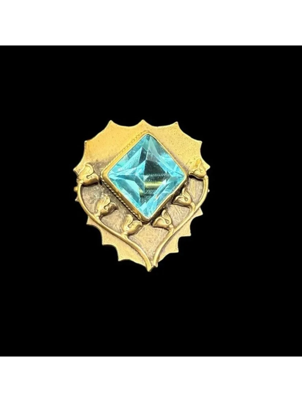 Art Nouveau Floral Brass Square Cut Aqua Crystal Brooch C Clasp Pin